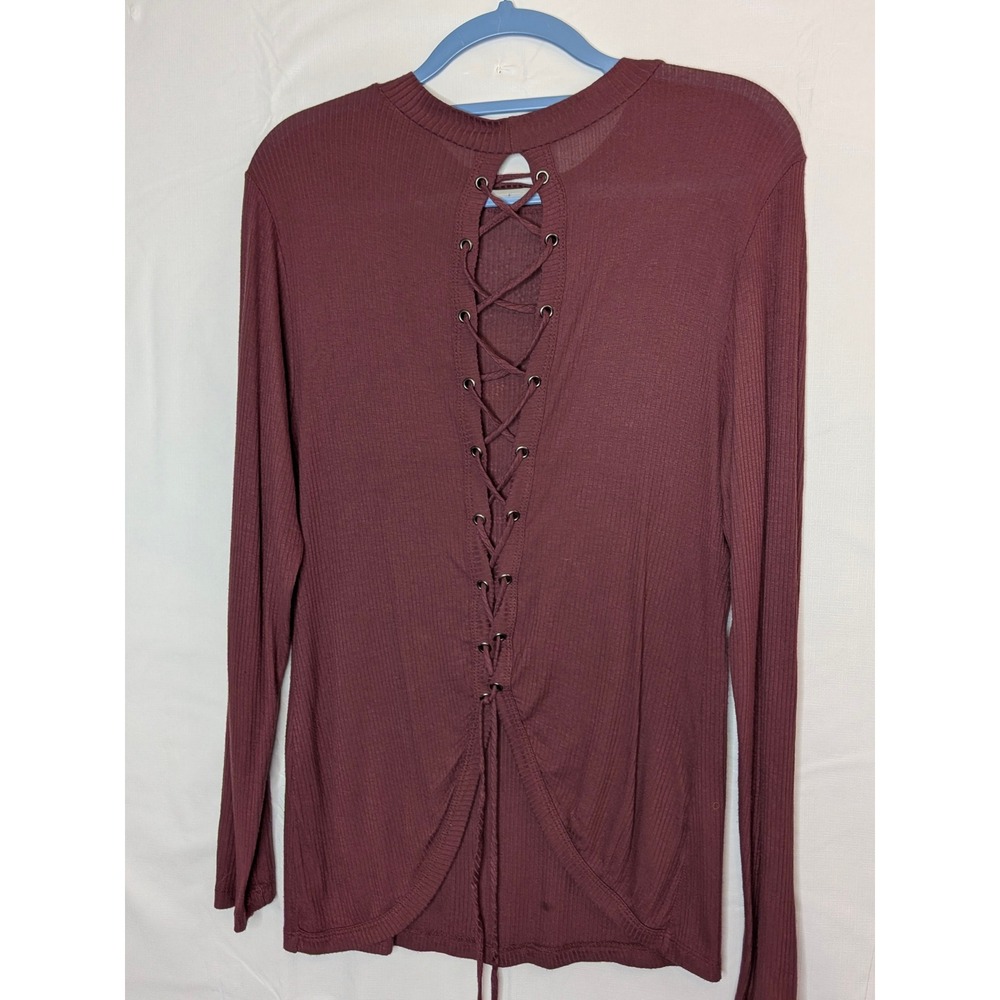 Harley-Davidson Womens Burgundy Rhinestone Winged Skull Lace Up Back L/S Shirt - Picture 5 of 15